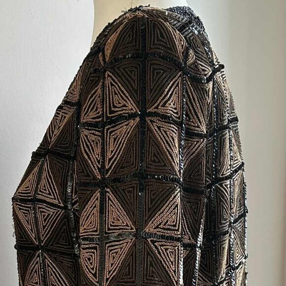 Hand-Beaded Black & Bronze Silk Geometric Jacket w/ Greek Key Borders – US XS/S - Picture 8 of 10
